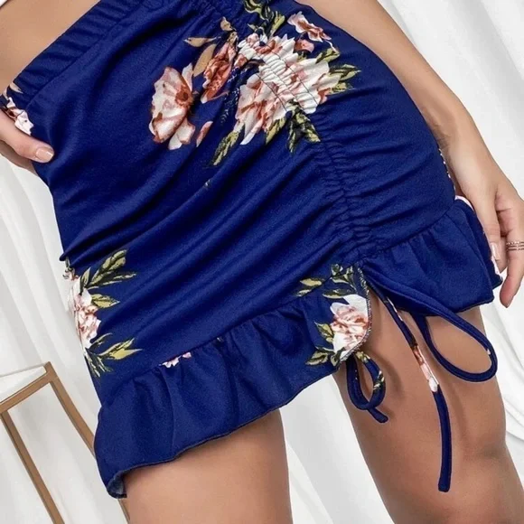 Ruched Drawstring Knot Ruffle Hem Floral Skirt - Picture 2 of 7